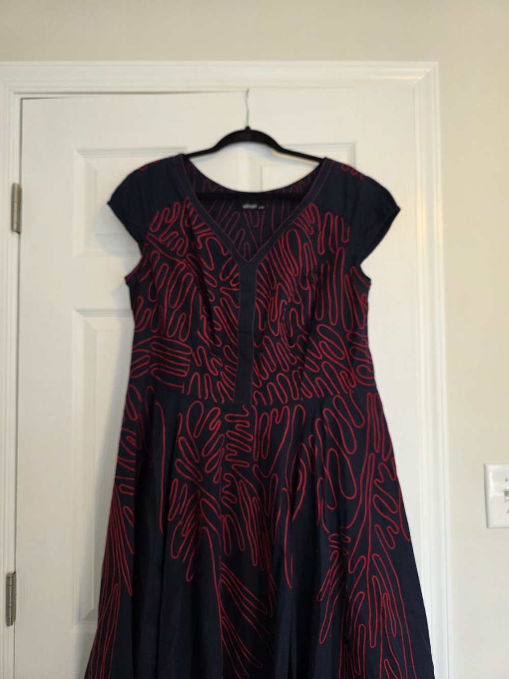 eshakti Navy Midi Dress with Red Abstract Trim